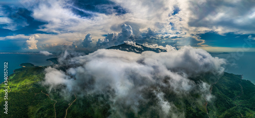 Aerial view of Lang Co bay and Da Nang bay, Hai Van pass, Bach Ma mountain, Hue, Vietnam. Panorama