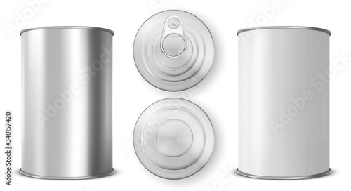 Tin can with ring pull side, top bottom view set. Cylinder food metal jar with lid, open key Silver colored aluminium canister for preserves isolated on white background, Realistic 3d vector icon