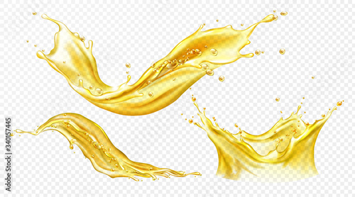 Splash of juice or yellow water isolated on transparent background. Vector realistic set of liquid waves of falling and flowing beer, orange, mango or lemon juice, oil, soda or honey