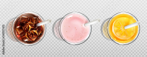 Glass of orange juice, cola and milkshake with straws top view. Vector realistic set of cold drinks in glass cups, strawberry cocktail, soda with ice and fruit juice isolated on transparent background