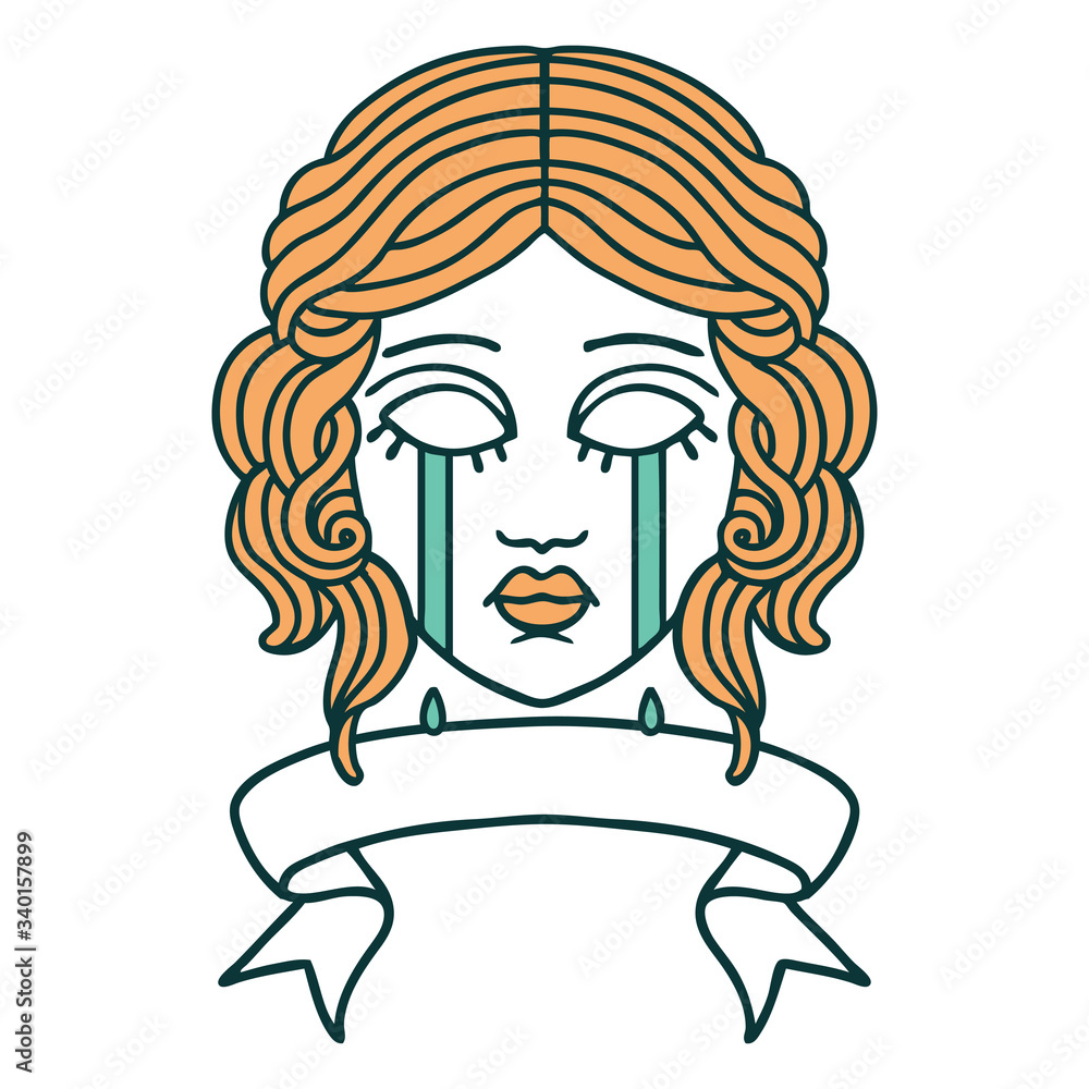 tattoo with banner of female face crying tattoo with banner of female face crying