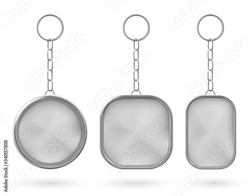 Silver keychain, holder trinket for key with metal chain and ring. Vector realistic template of steel fob for car, home or office isolated on white background. Blank accessory for corporate identity