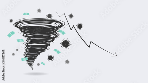 World economic crisis by corona virus illustration, a perfect storm of COVID-19 disease makes everything in downturn