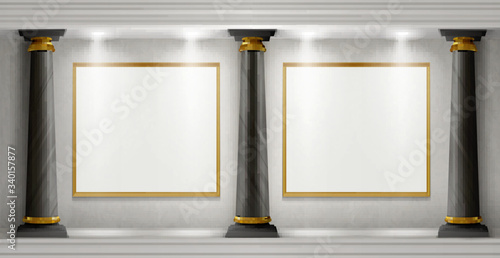 Museum interior in antique castle with blank paintings in golden frames illuminated by spotlights. Vector realistic empty gallery room with black marble columns