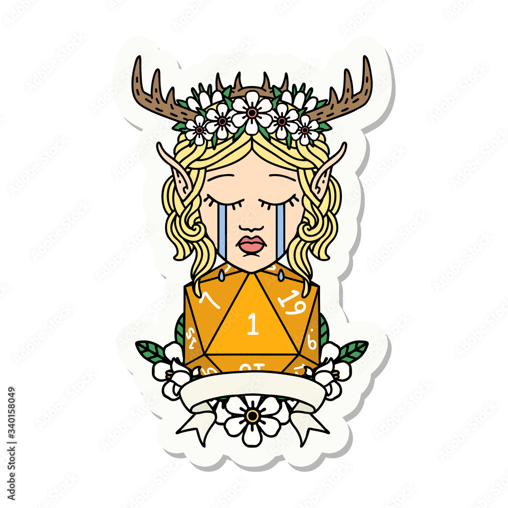sad elf druid character face with natural one D20 roll sticker sad elf druid character face with natural one D20 roll sticker