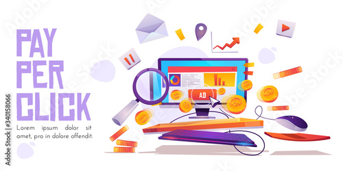Pay per click banner, computer desktop with cursor clicking on ad button, searching magnifier and money coins. Ppc business, cpc advertising technology, sponsored listing cartoon vector illustration