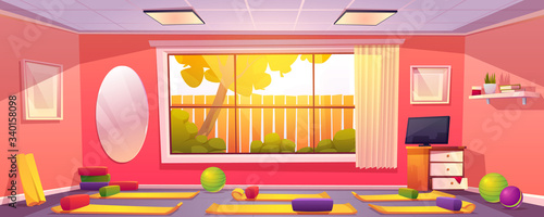 Yoga studio at home, empty gym room with mats, bearing blocks and balls props on floor. Domestic interior with sports fitness and pilates equipment front of wide window. Cartoon vector illustration