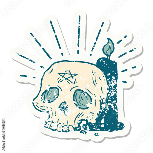 grunge sticker of tattoo style spooky skull and candle