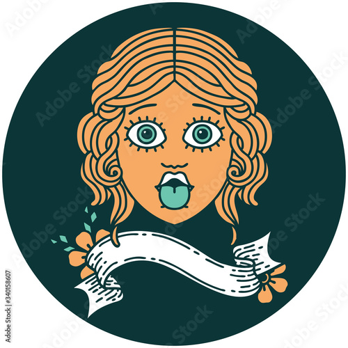 icon with banner of female face sticking out tongue