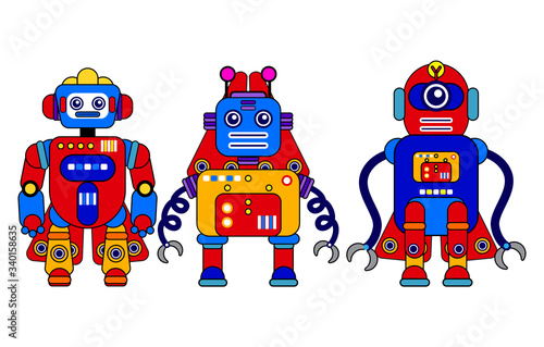 Set of 3 colorful robots on a white background. Cartoon style. Vector illustration. Robot toys. Machine © Visualroom