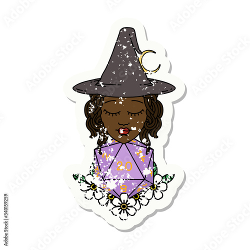 human witch with natural twenty dice roll illustration