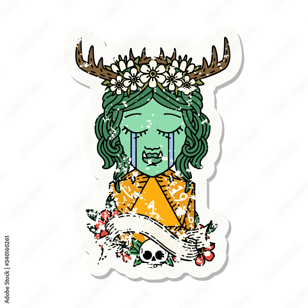 crying orc druid character face with natural one D20 roll grunge sticker crying orc druid character face with natural one D20 roll grunge sticker