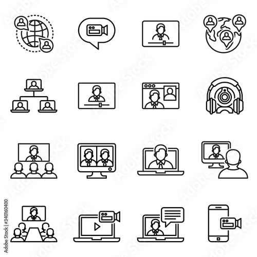 Business communication, Video conference icon set with white background. Thin line style stock vector.