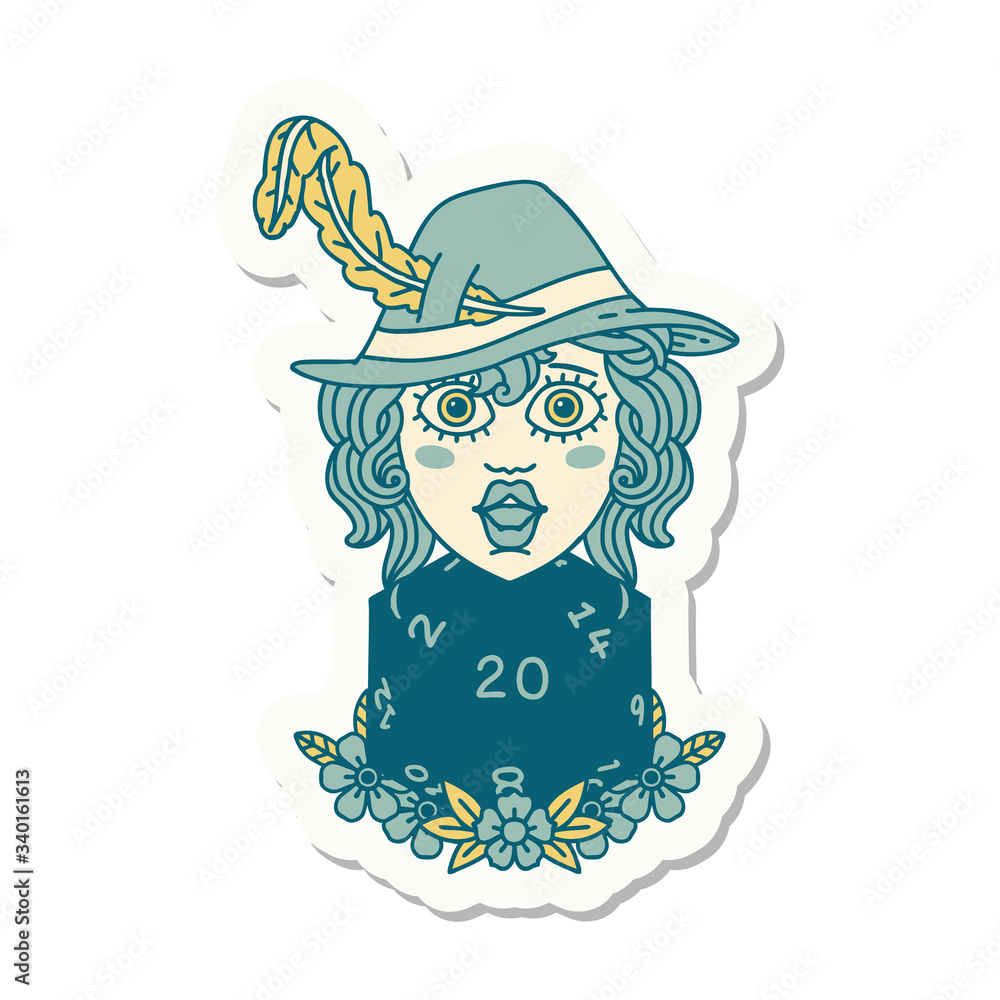human bard with natural 20 dice roll sticker