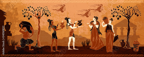 Ancient Greece. Goddesses and people. Black figure pottery style. Ancient Greek mythology. Old history and culture