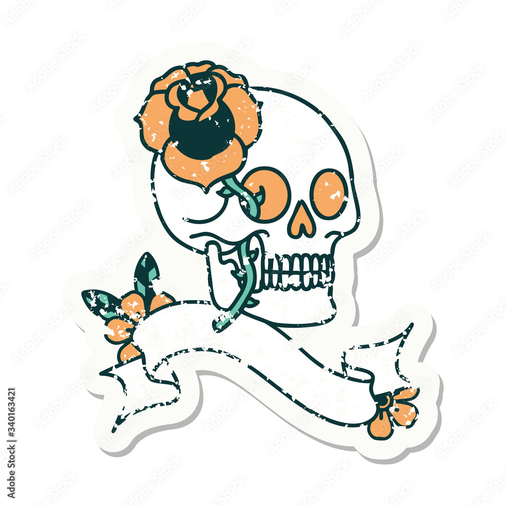 grunge sticker with banner of a skull and rose grunge sticker with banner of a skull and rose