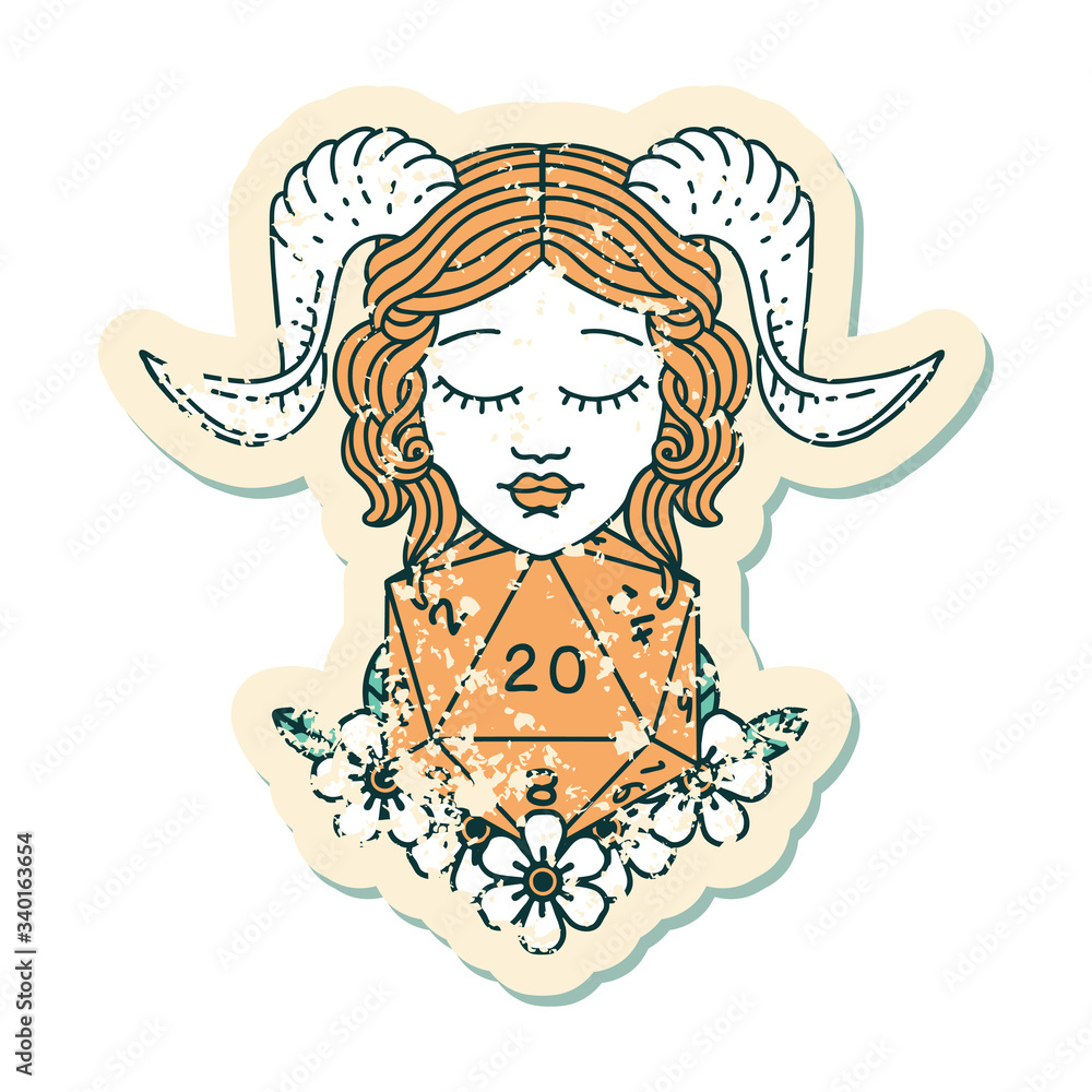 tiefling with natural 20 D20 dice roll grunge sticker tiefling with natural 20 D20 dice roll grunge sticker