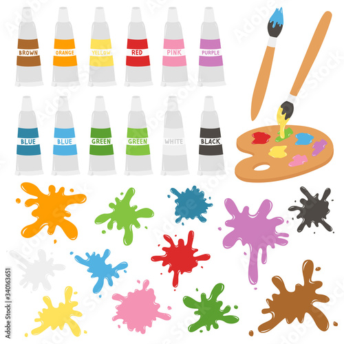 Paint tubes and colorful paint splatter vector set.	
