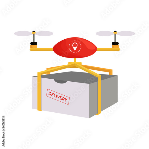 Vector illustration with a drone flying with package delivery. Fast delivery of food, appliances, shopping home. For a mobile application for contactless delivery.