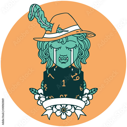 crying orc bard character with natural one D20 roll icon