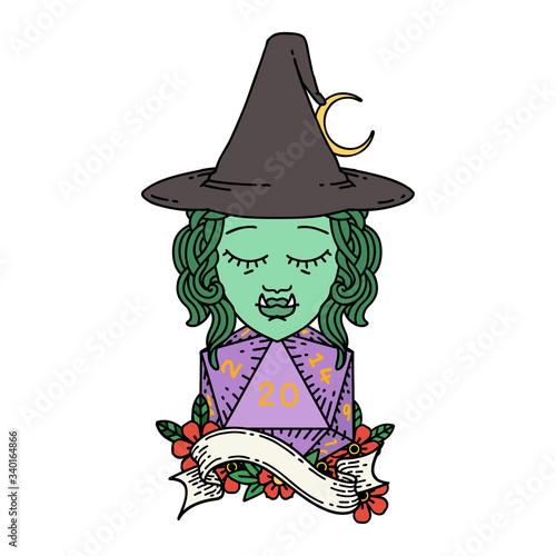 half orc mage with natural 20 dice roll illustration