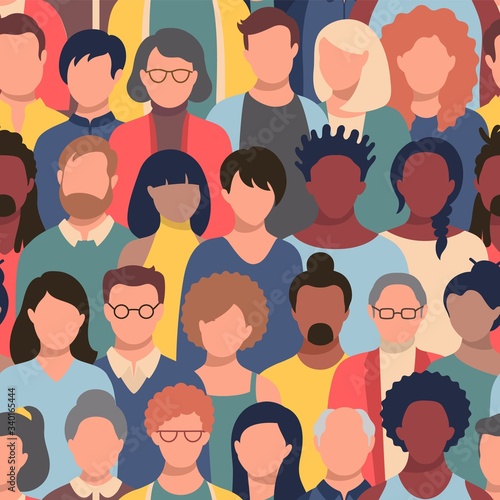 Seamless pattern with people faces of different ethnicity and ages. Parade or meeting crowd, men and women various hairstyles, young and elderly characters heads, repeating background.