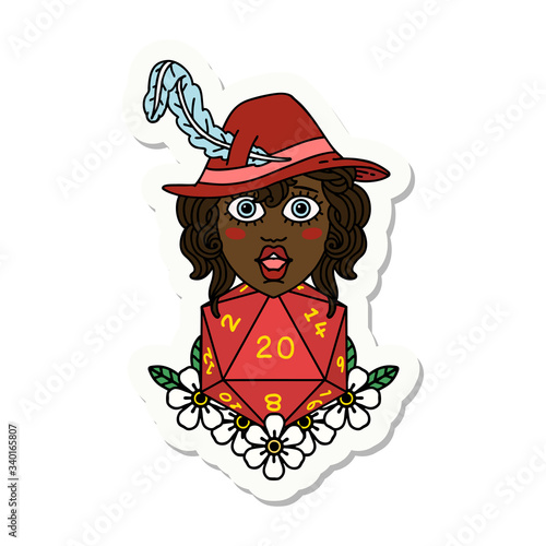 human bard with natural 20 dice roll sticker