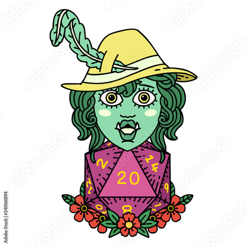 half orc bard with natural twenty dice roll  illustration