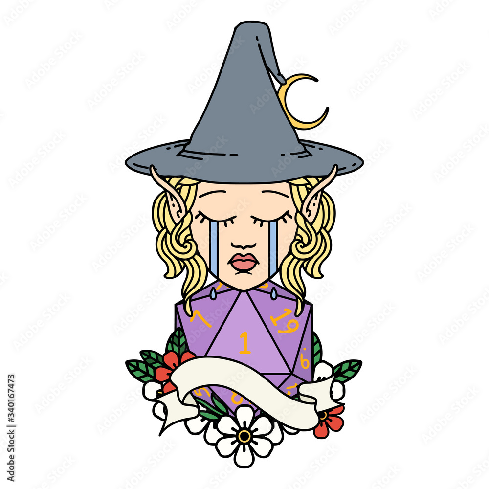 crying elf mage character face with natural one D20 roll illustration crying elf mage character face with natural one D20 roll illustration