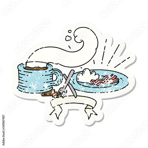 grunge sticker of tattoo style breakfast and coffee