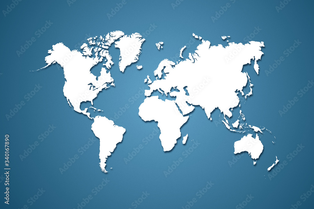 World map white colour with shadow on blue gradient background illustration.