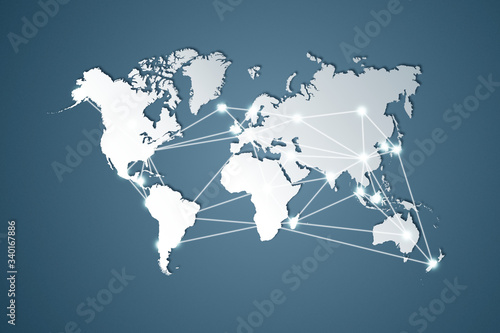 World map white colour with shadow and connection line point on blue gradient background illustration.