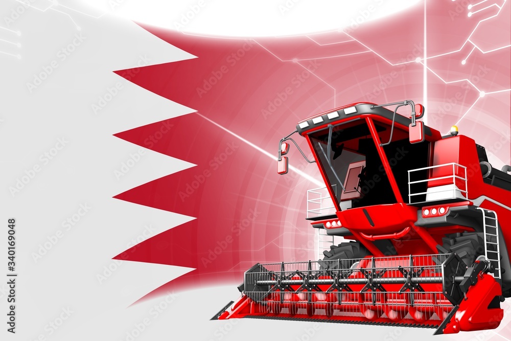 Agriculture innovation concept, red advanced rye combine harvester on Bahrain flag - digital industrial 3D illustration