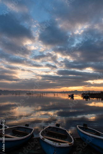 boat on the lake. sunrise at the lake.
