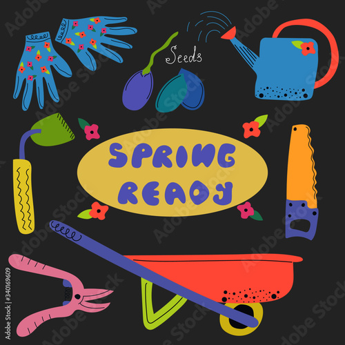 Spring ready text and hand drawn garden tools. Flat vector illustration on dark gray background.