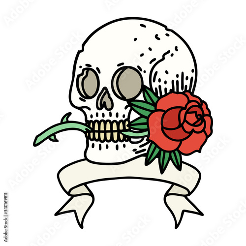 tattoo with banner of a skull and rose