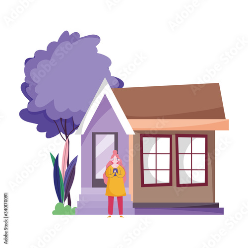 people and smartphone, woman using mobile outside of house cartoon