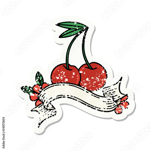 grunge sticker with banner of cherries