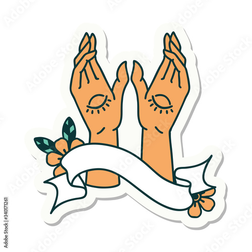 tattoo sticker with banner of mystic hands