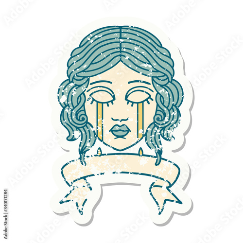 grunge sticker with banner of female face crying