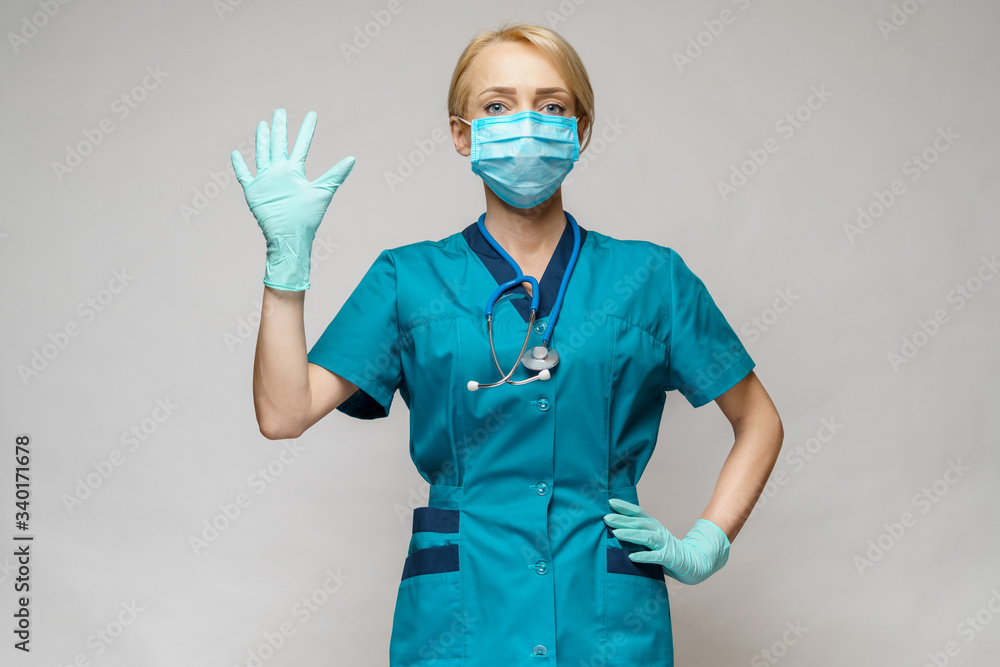 medical doctor nurse woman wearing protective mask and latex gloves - counting medical doctor nurse woman wearing protective mask and latex gloves - counting