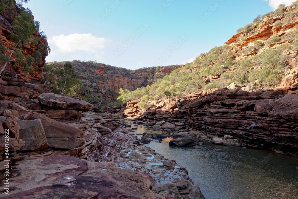 The rocks and cliffs above Murchison River under in Z-Bend in Western Australia in late afteroon with no people