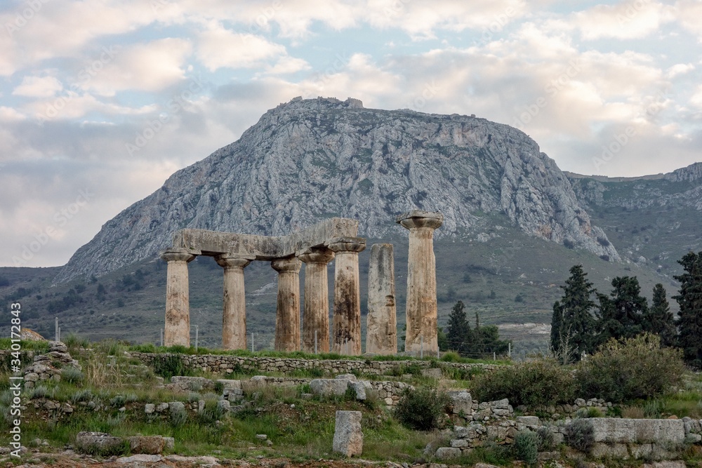 Archaological Site Of Corinth And Temple of Apollo after sunset