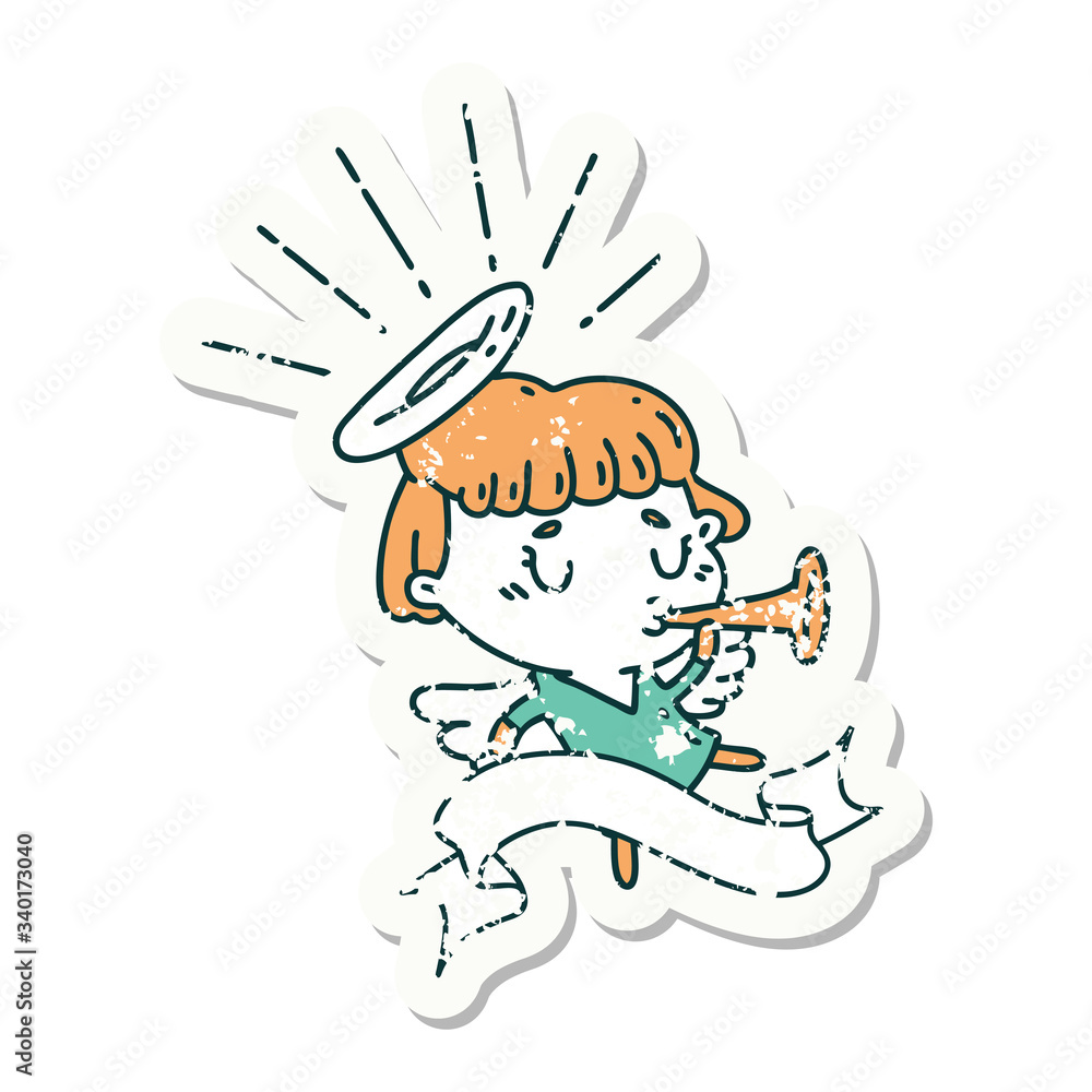 grunge sticker of tattoo style angel blowing trumpet grunge sticker of tattoo style angel blowing trumpet