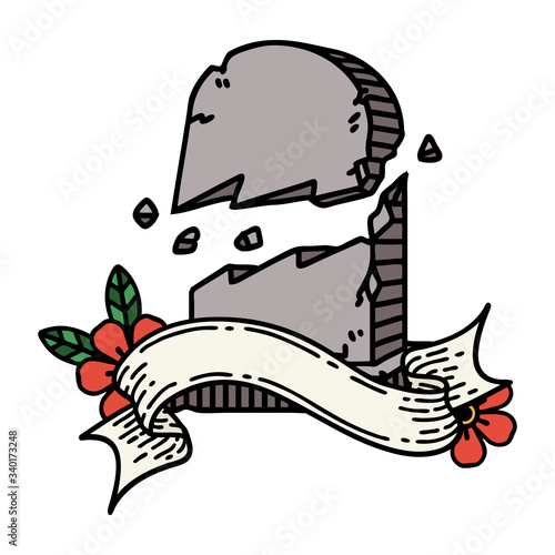 tattoo with banner of a broken grave stone