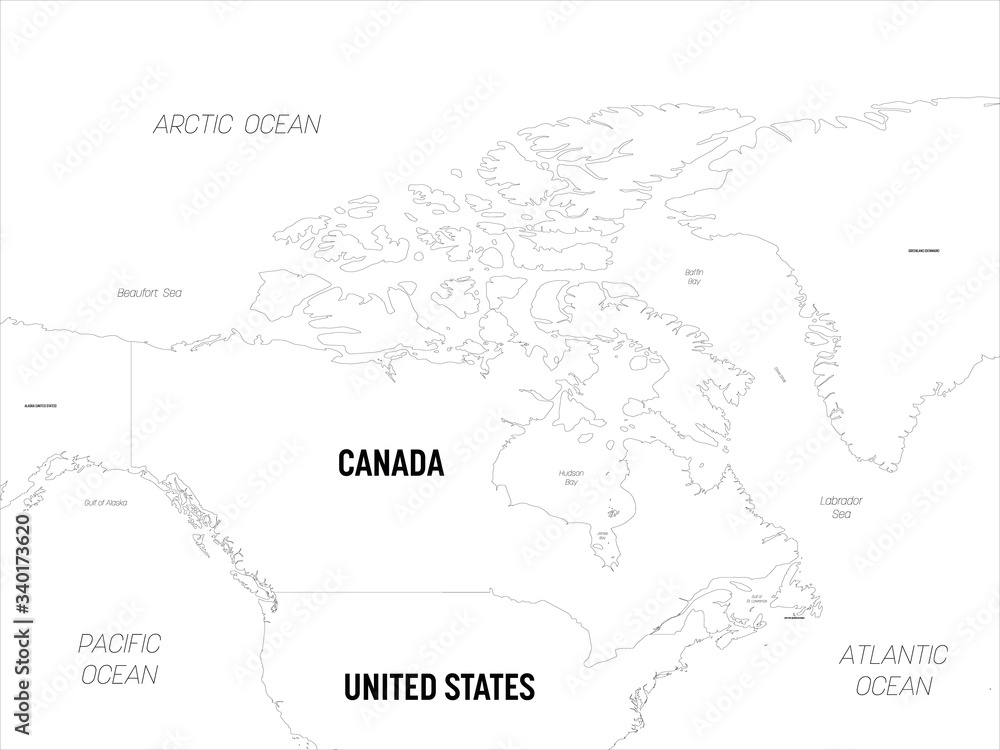 Canada map. High detailed political map Canada and neighboring countries with country, capital, ocean and sea names labeling