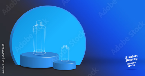 Vector,Empty vivid blue gradient with grey studio round kiosk stand background ,product display with copy space for display of product Banner for advertise product on online media