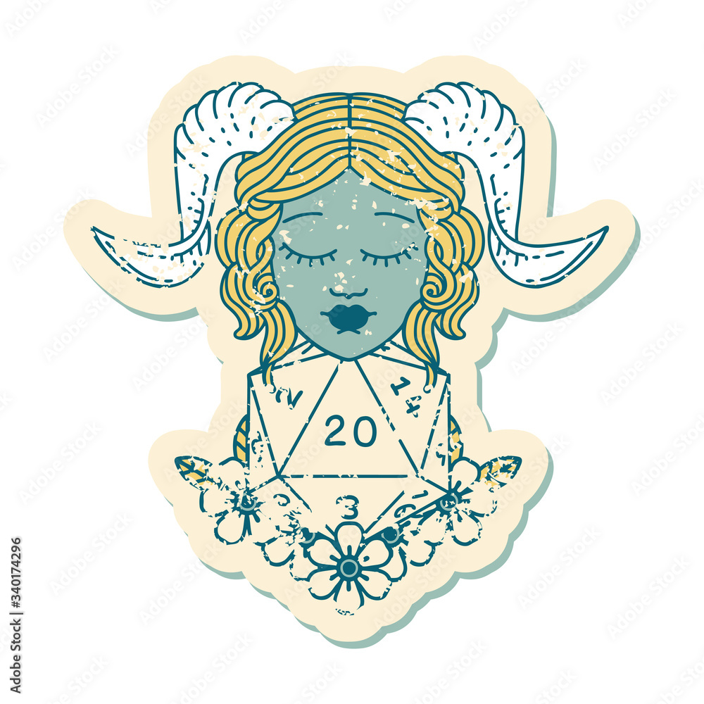 tiefling with natural twenty dice roll grunge sticker tiefling with natural twenty dice roll grunge sticker