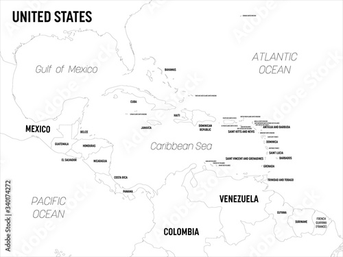 Central America map. High detailed political map Central American and Caribbean region with country, capital, ocean and sea names labeling