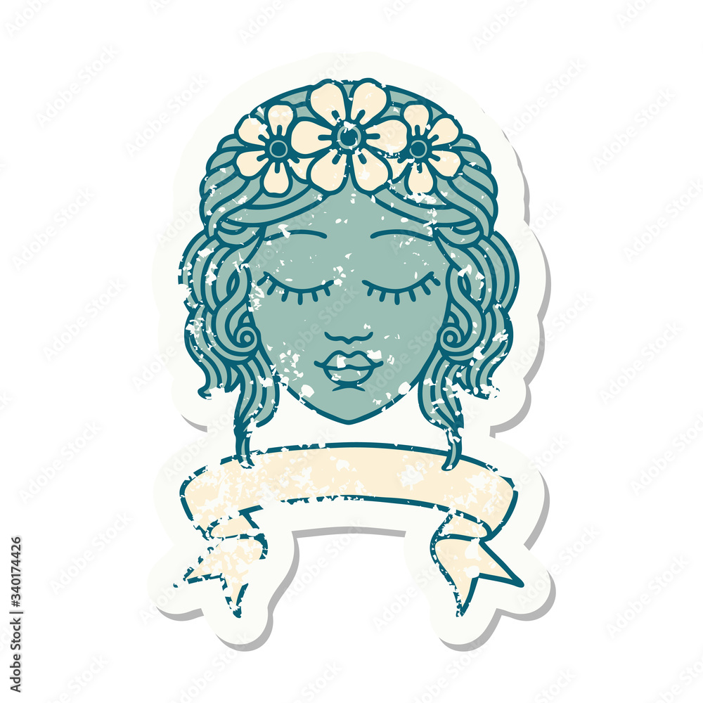 grunge sticker with banner of female face with eyes closed grunge sticker with banner of female face with eyes closed